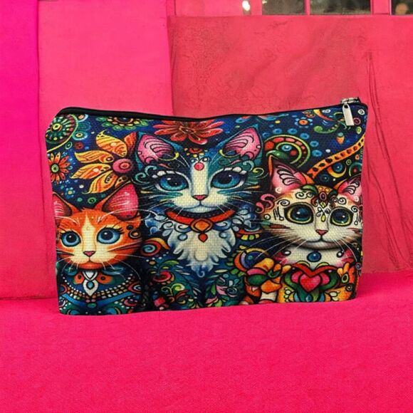 Boho Cat Print Zipper Pouch Makeup Bag – Colorful Travel Organizer 7x10.5 - Picture 1 of 3